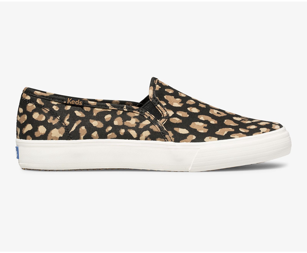 Slip Ons Keds Mujer Negras/Leopardo - Washable Double Decker Animal - 273-HYEUTC